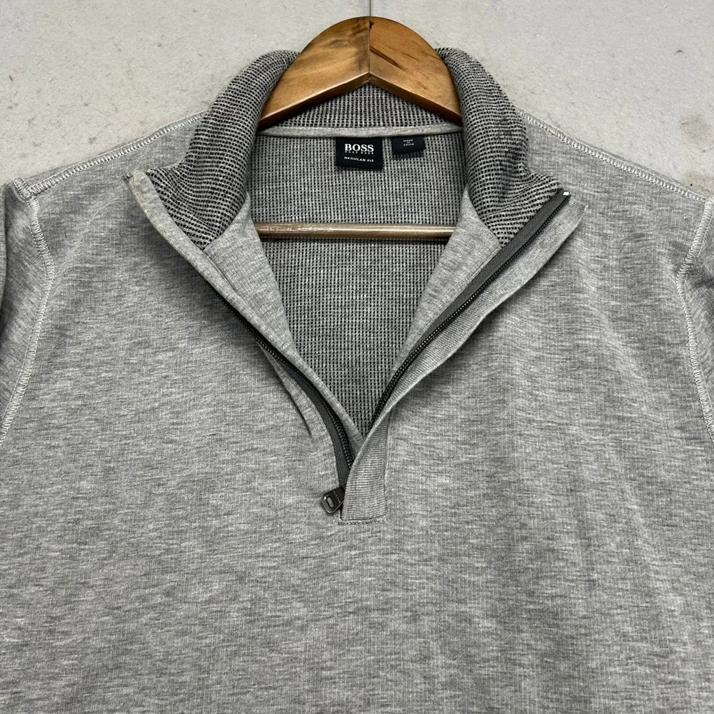 Hugo Boss Mens Grey Quarter Zip Pullover Sweatshirt Elbow Patches Size L (EU XL)